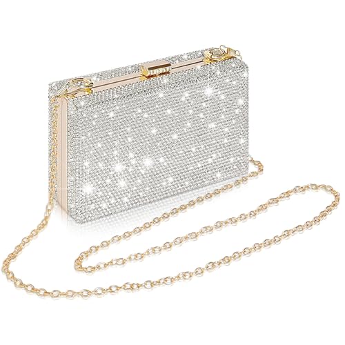 Yivaiks Bling Damen-Clutch, Glitzer-Box, Clutch, Handtasche, kleine Crossbody-Tasche mit goldfarbenem Kettenriemen, silber, Small, Abend Yivaiks Bling Damen-Clutch, Glitzer-Box, Clutch, Handtasche, kleine Crossbody-Tasche mit goldfarbenem Kettenriemen, silber, Small, Abend von Yivaiks