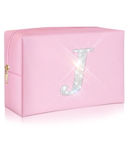 Yivaiks Make-up-Tasche mit Strasssteinen, personalisierbar, mit Initiale, niedliches Monogramm, Geschenke für Damen, Leder-Kulturbeutel, Hautpflege-Tasche, Rosa J Yivaiks Make-up-Tasche mit Strasssteinen, personalisierbar, mit Initiale, niedliches Monogramm, Geschenke für Damen, Leder-Kulturbeutel, Hautpflege-Tasche, Rosa J von Yivaiks
