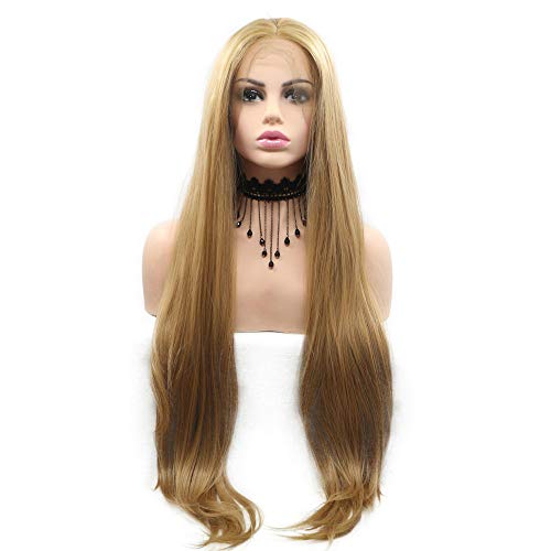 Kunsthaar-Perücke, hohe Temperatur, Goldblond, mit Spitze, für Damen, Kunsthaar, langes natürliches glattes Haar, Mittelscheitel, ohne Klebstoff Kunsthaar-Perücke, hohe Temperatur, Goldblond, mit Spitze, für Damen, Kunsthaar, langes natürliches glattes Haar, Mittelscheitel, ohne Klebstoff von Yiweier