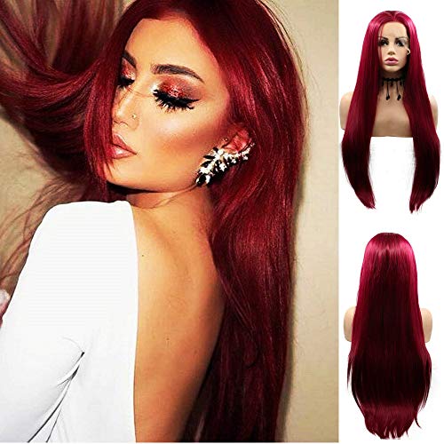 Weinrote Lace-Front-Perücke, 66 cm, burgunderrot, lang, glatt, synthetische Halbhandgebundene Perücken mit Mittelscheitel, hitzebeständige Faser für Frauen, RainaHair (M118L) von Yiweier