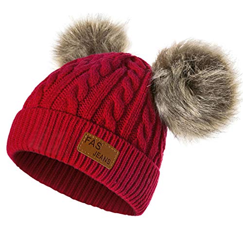 Yixda Baby Kids Winter Mütze Mädchen Jungen Warm Fellbommel Beanie Hüte (Rot) von Yixda