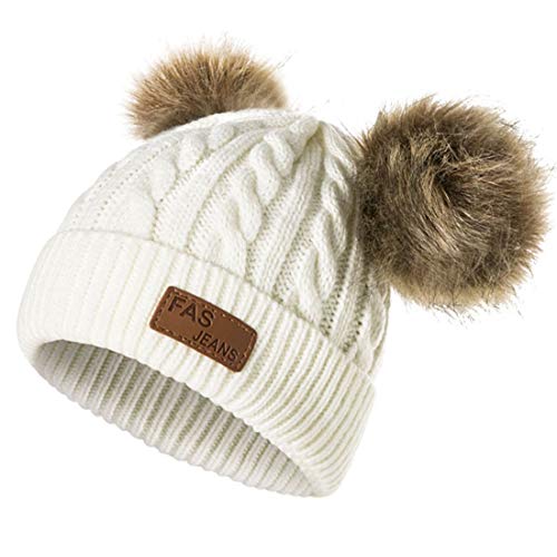 Yixda Baby Kids Winter Mütze Mädchen Jungen Warm Fellbommel Beanie Hüte (Weiß) von Yixda