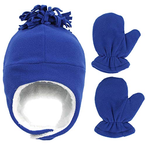 Yixda Baby Kinder Beanie Mütze Warm Earflap Fleece Wintermütze and Handschuhe Set (Blau, 0-12 Monate) von Yixda