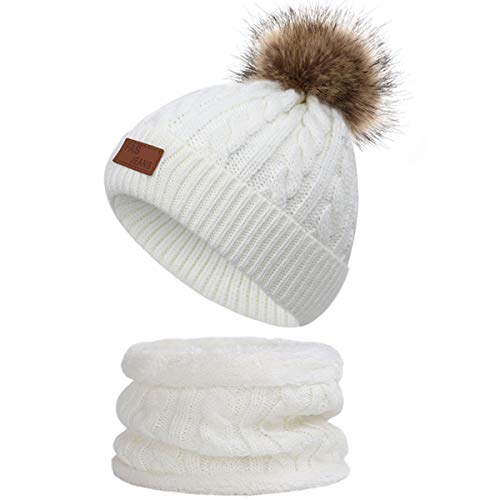 Yixda Baby Mütze Schal Set Mädchen Jungen Warm Fellbommel Beanie Hüte (A4-Weiß) von Yixda