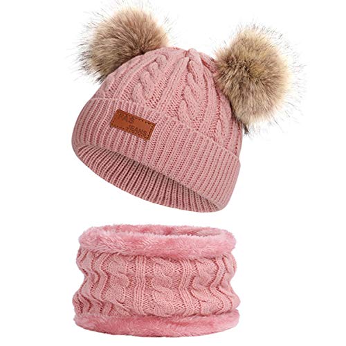 Yixda Baby Mütze Schal Set Mädchen Jungen Warm Fellbommel Beanie Hüte (B2-Dunkel Rosa) von Yixda