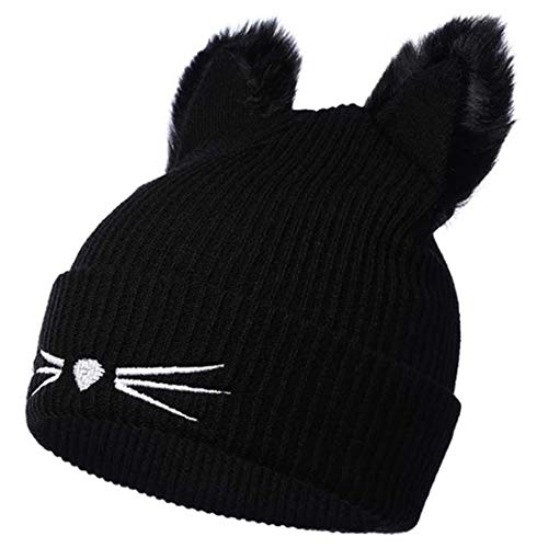 Yixda Beanie Mütze Damen Mädchen Wolle Katzeohren Wintermütze Strickmütze (Schwarz) von Yixda