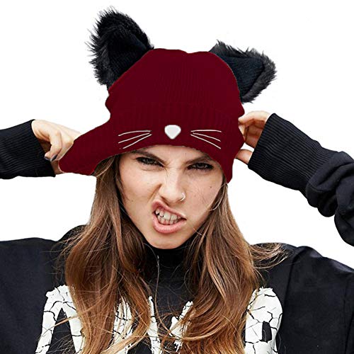 Yixda Beanie Mütze Damen Mädchen Wolle Katzeohren Wintermütze Strickmütze (Weinrot) von Yixda