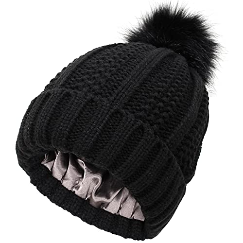 Yixda Damen Beanie Strickmütze mit Fellbommel Bommelmütze Ski Warme Wintermütze (Schwarz) von Yixda