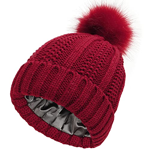 Yixda Damen Beanie Strickmütze mit Fellbommel Bommelmütze Ski Warme Wintermütze (Weinrot) von Yixda