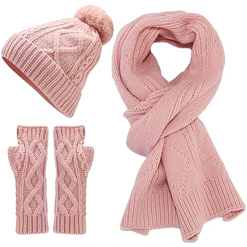 Yixda Damen Mütze Schal Handschuhe Set Gestrickt Strickschal Beanie Hut Handwärmer Winterset (Rosa) von Yixda