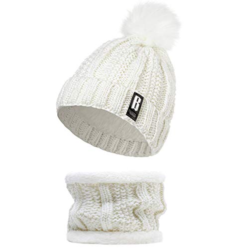 Yixda Damen Mütze Schal Set Winter Beanie Hut Schlauchschal mit Fleecefutter (Weiß) von Yixda