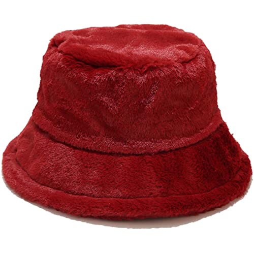 Yixda Damen Winter Mütze Fischerhüte Weiche Kunstpelz Eimerhut Bucket Warm Hut (Weinrot) von Yixda