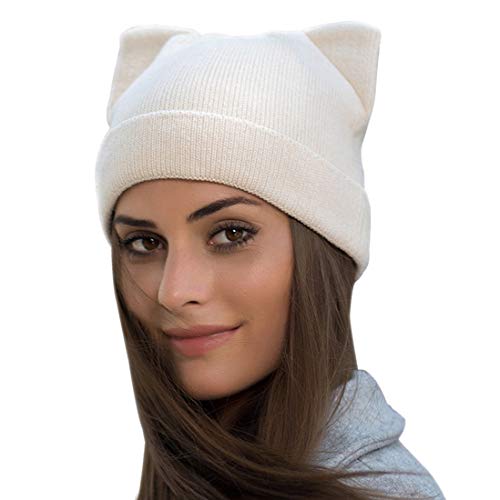 Yixda Damen Winter Strickmütze Warme Mode Beanie Mütze Katze Ohr Mütze (Beige) von Yixda