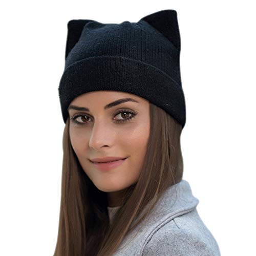 Yixda Damen Winter Strickmütze Warme Mode Beanie Mütze Katze Ohr Mütze (Schwarz) von Yixda