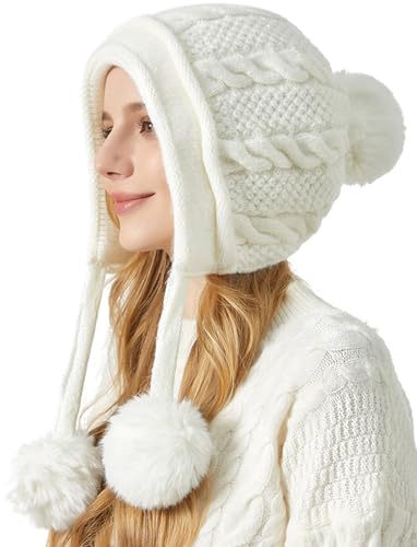 Yixda Damen Wintermütze Strickmütze Pom Pom Beanie Mütze mit Ohrenklappe(Weiß) von Yixda