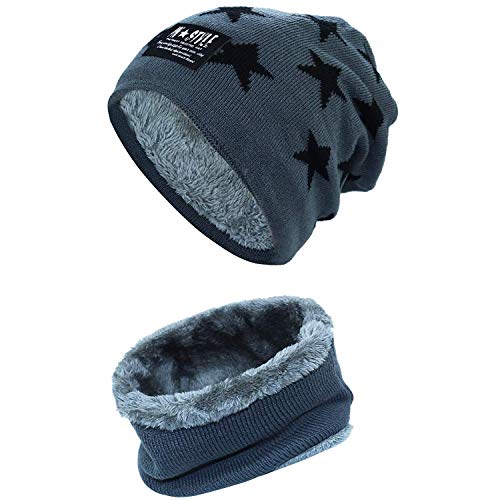 Yixda Kinder Mütze Schal Set Jungen Mädchen Strickmütze Winterschal mit Fleece Innenfutter (Dunkelgrau) von Yixda