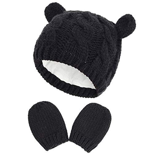 Yixda Neugeborene Baby Mütze und Handschuhe Set Kleinkind Winter Strickmütze Hüte (Schwarz 2, 3-6 Monate) von Yixda