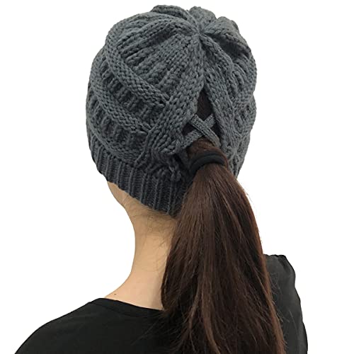 Yixda Warme Strickmütze Hut Frauen Mädchen Pferdeschwanz Beanie Mütze Wintermütze (Dunkelgrau) von Yixda