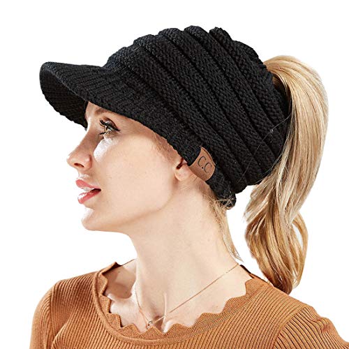 Yixda Winter Strickmütze Messy High Bun Pferdeschwanz Visor Beanie Cap (Schwarz) von Yixda