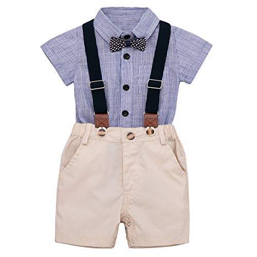 Yixius Baby Jungen Gentleman Outfit Anzüge, Kurzarm Strampler Shirt Hosenträger Hose Fliege Sommer Kleidung Sets (0-3 Monate, Blau gestreift) von Yixius