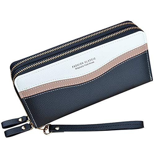 Damen Geldbörse mit Doppeltem Reißverschluss Geldbörse PU Leder Telefon Geldbörse für Frauen Große Kapazität Lange Clutch Geldbörse mit Mehreren Kartensteckplätzen Armband Geldbörse (Schwarz5) von Yixuan LLC