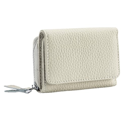 Yizelli Kleine RFID Blockierende Leder Geldbörse für Frauen Dreifach Gefaltete Kreditkartengeldbörse mit Reißverschluss Münztasche (Creme Weiß) von Yizelli