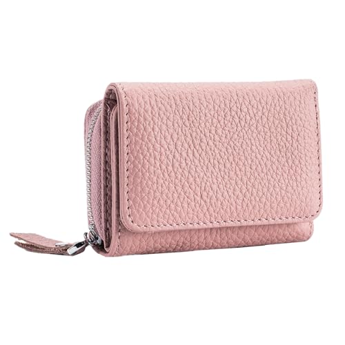 Yizelli Kleine RFID Blockierende Leder Geldbörse für Frauen Dreifach Gefaltete Kreditkartengeldbörse mit Reißverschluss Münztasche (Rosa) von Yizelli