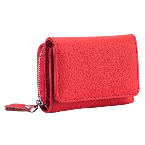 Yizelli Kleine RFID Blockierende Leder Geldbörse für Frauen Dreifach Gefaltete Kreditkartengeldbörse mit Reißverschluss Münztasche (Rot) von Yizelli