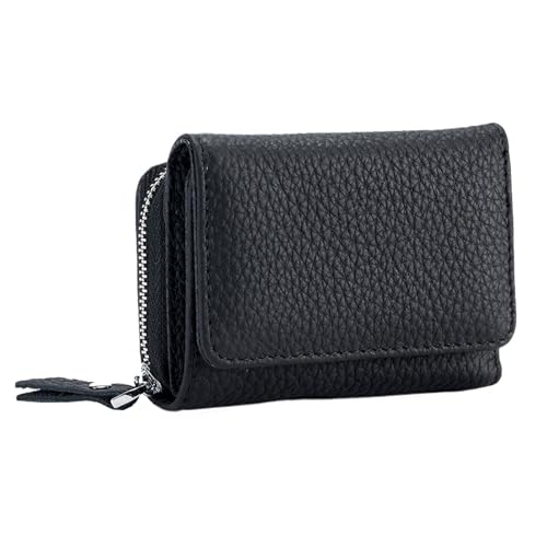 Yizelli Kleine RFID Blockierende Leder Geldbörse für Frauen Dreifach Gefaltete Kreditkartengeldbörse mit Reißverschluss Münztasche (Schwarz) von Yizelli