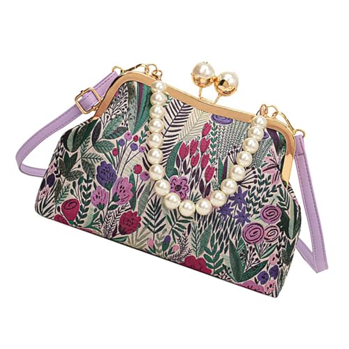 Yjcnelcr Retro Stile Bestickte Blumenhandtasche Für Frauen Schulter Cross Body Tasche Abendtasche Mit Perlenkette Und Kuss Schloss Stilvolle Reisetaschen von Yjcnelcr