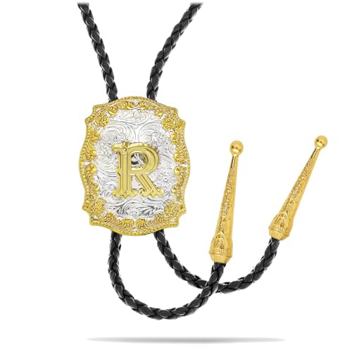 Yjfeshion Western-Bolo-Krawatte, glänzend, goldener Anfangsbuchstabe ABJR bis XYZ, Cowboy-Krawatte, handgefertigt, Leder, Bola-Krawatte für Männer und Frauen, Gold R, Large Yjfeshion Western-Bolo-Krawatte, glänzend, goldener Anfangsbuchstabe ABJR bis XYZ, Cowboy-Krawatte, handgefertigt, Leder, Bola-Krawatte für Männer und Frauen, Gold R, Large von Yjfeshion