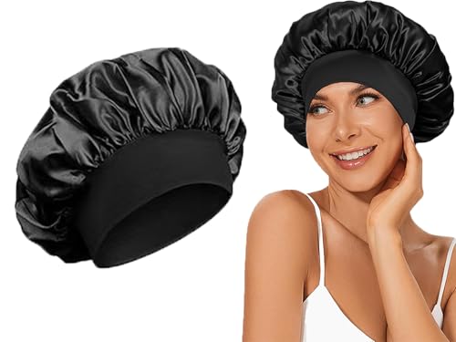 YjkjYii 1 Stück Satin Haarhaube,Seidenhaube Zum Schlafen,Extra-große wasserdichte Duschhaube,Schlafhaube Seide,Schlafhaube Haare Schützen,Haarnetz Für Damen Und Mädchen(Schwarz) von YjkjYii