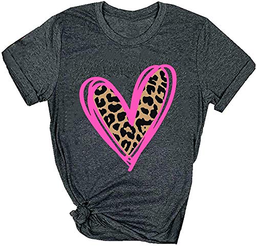 Ykomow Damen Valentine Shirts Leopard Valentinstag T-Shirt Plaid Love Heart Graphic Tees - Grau - Mittel von Ykomow