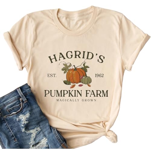 Ykomow Halloween-Shirts für Damen, Thanksgiving Kürbis, Patch-Shirts, niedliche Herbst-Grafik-T-Shirts, Beige, X-Groß von Ykomow