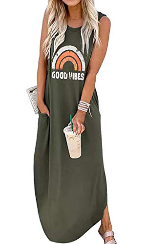 Ykomow Sommerkleid Good Vibes Maxikleid Damen Ärmellos Grafik Strand T Shirt Kleider Boho Kleid Damen Lang (S, Grün) von Ykomow