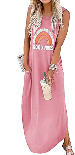 Ykomow Sommerkleid Good Vibes Maxikleid Damen Ärmellos Grafik Strand T Shirt Kleider Boho Kleid Damen Lang (XL, Rosa) von Ykomow