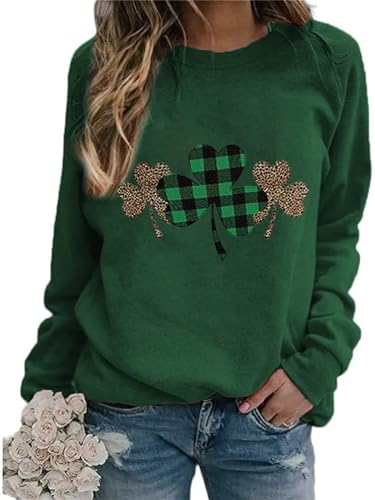 Ykomow St. Patricks Day Sweatshirt für Damen, langärmelig, Leopardenmuster, Kleeblatt, St. Patricks, Shirts, Grün 1, 38 von Ykomow