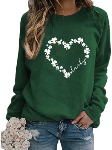 Ykomow St. Patricks Day Sweatshirt für Damen, langärmelig, Leopardenmuster, Kleeblatt, St. Patricks, Shirts, Lucky-Green, 46 von Ykomow