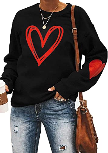 Ykomow Valentinstag Shirts Frauen Kariertes Liebesherz Valentinstag Sweatshirts Damen Tops (M, Schwarz) von Ykomow