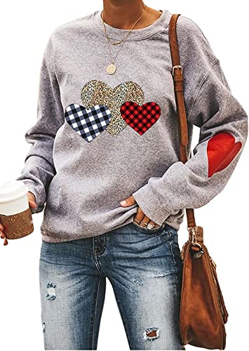 Ykomow Valentinstag Shirts Frauen Kariertes Liebesherz Valentinstag Sweatshirts Damen Tops (S, Grau-2) von Ykomow