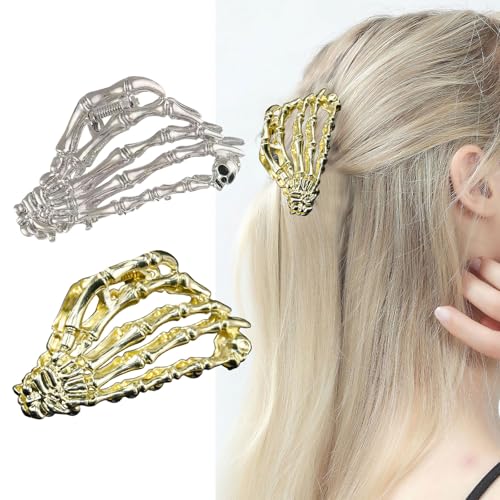 Halloween-Haarspangen, Gothic-Totenkopf-Geist, Handlegierung, starker Halt, rutschfest, Haar-Accessoires für Damen, 2 Stück (Gold und Silber) von Ylapagne