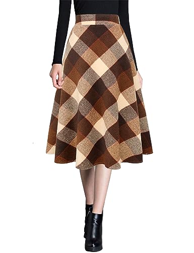 Ylingjun Damen Warme Wolle Midi Röcke Winter Herbst Hohe Elastische Taille A Linie Ausgestellte Wollröcke, Big Plaid Kaffee, Groß von Ylingjun