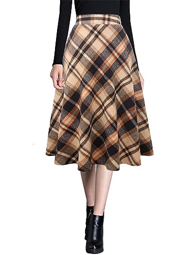 Ylingjun Damen Warme Wolle Midi Röcke Winter Herbst Hohe Elastische Taille A Linie Ausgestellte Wollröcke, Braun, Klein von Ylingjun