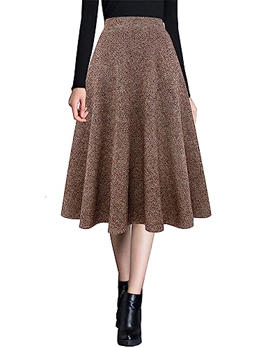 Ylingjun Damen Warme Wolle Midi Röcke Winter Herbst Hohe Elastische Taille A Linie Ausgestellte Wollröcke, Dunkles Khaki, X-Klein von Ylingjun
