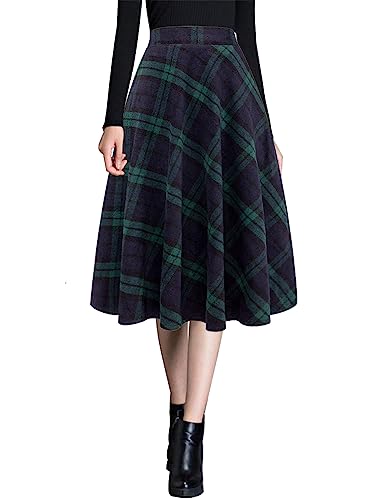 Ylingjun Warme Woll-Midiröcke für Damen, Winter, Herbst, hohe elastische Taille, A-Linie, ausgestellte Wollröcke, Grün , Mittel von Ylingjun