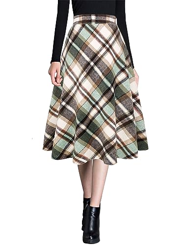 Ylingjun Damen Warme Wolle Midi Röcke Winter Herbst Hohe Elastische Taille A Linie Ausgestellte Wollröcke, Grün 02, Klein von Ylingjun