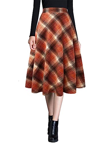 Ylingjun Damen Warme Wolle Midi Röcke Winter Herbst Hohe Elastische Taille A Linie Ausgestellte Wollröcke, Orange/Abendrot im Zickzackmuster (Sunset Chevron), Groß von Ylingjun