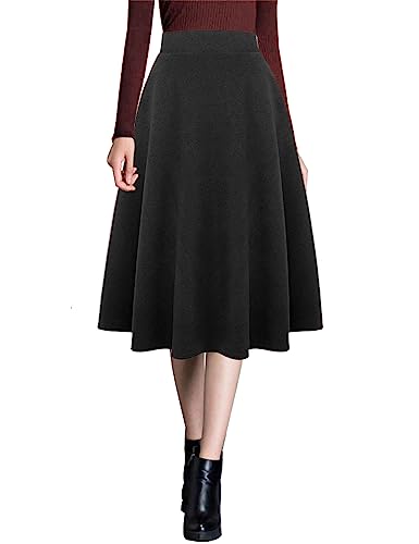 Ylingjun Damen Warme Wolle Midi Röcke Winter Herbst Hohe Elastische Taille A Linie Ausgestellte Wollröcke, Pure Dark Grey, XX-Large von Ylingjun