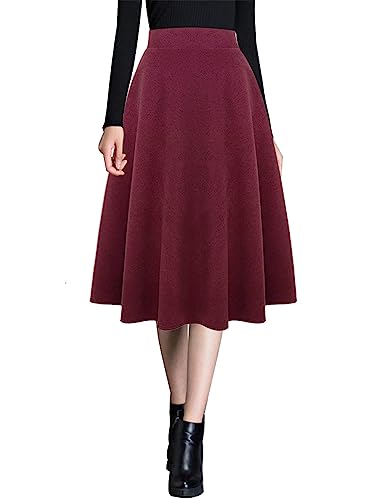 Ylingjun Damen Warme Wolle Midi Röcke Winter Herbst Hohe Elastische Taille A Linie Ausgestellte Wollröcke, Reinwein, Groß von Ylingjun
