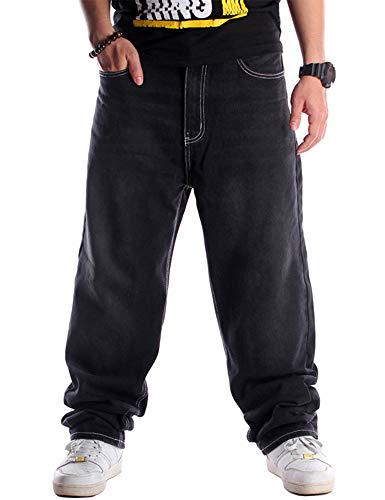 Ylingjun Herren Baggy Hip Hop Jeans Casual Loose Fit Bestickte Skateboard-Denim-Hose, Schwarz 024, 56 von Ylingjun